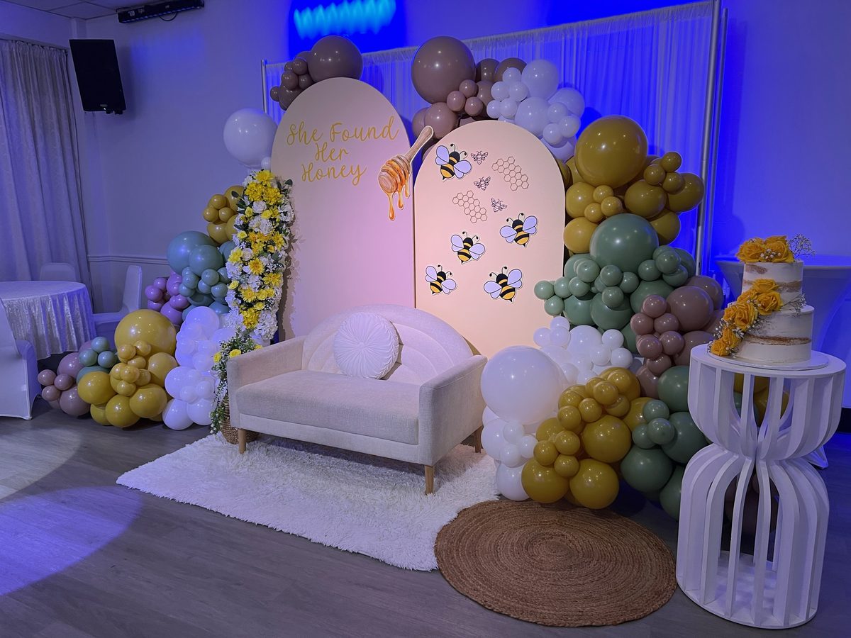 She Found Her Honey bridal shower setup with balloon arch at Regency Party Hall Hempstead