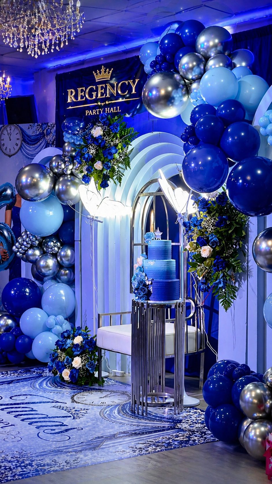 Blue and silver sweet 16 balloon arch with Regency Party Hall sign, Hempstead Ave