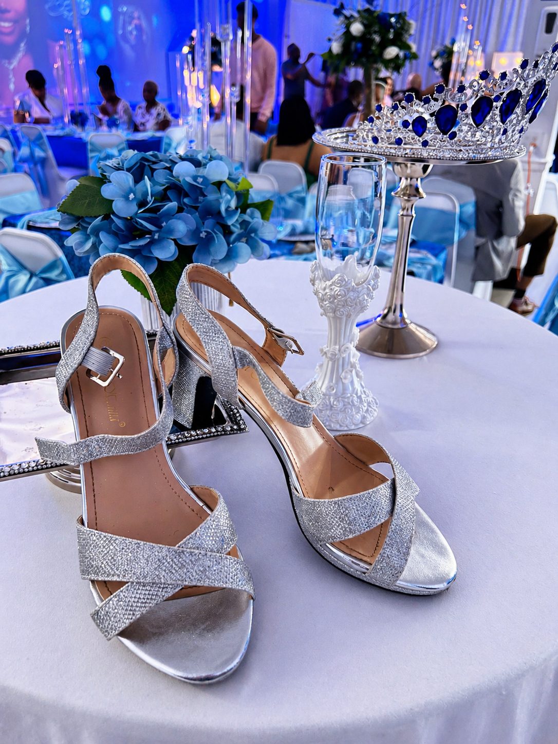 Silver Cinderella heels and tiara sweet 16 table detail, Queens Village