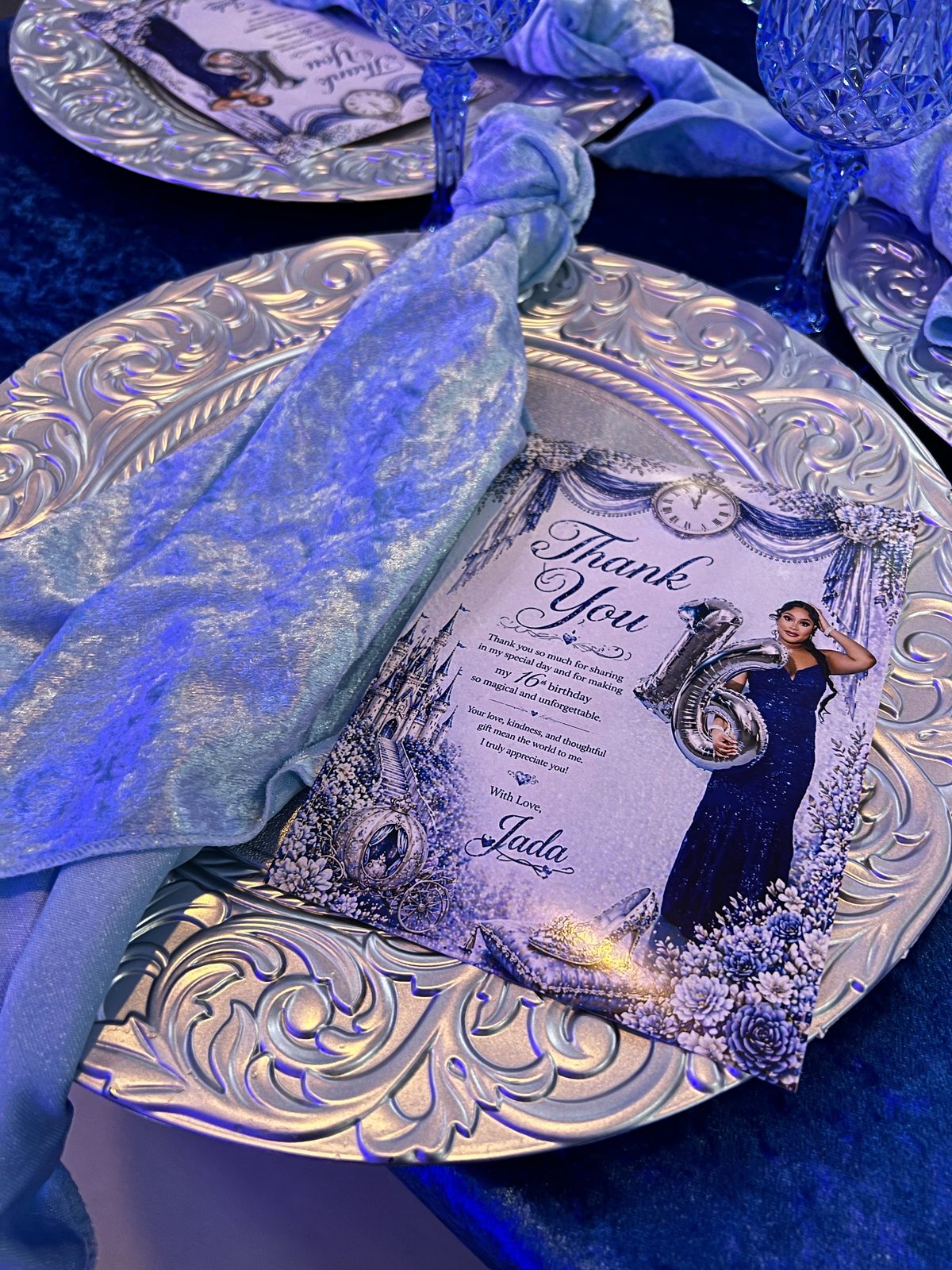Cinderella themed silver charger plate with thank you card, sweet 16 Queens Village