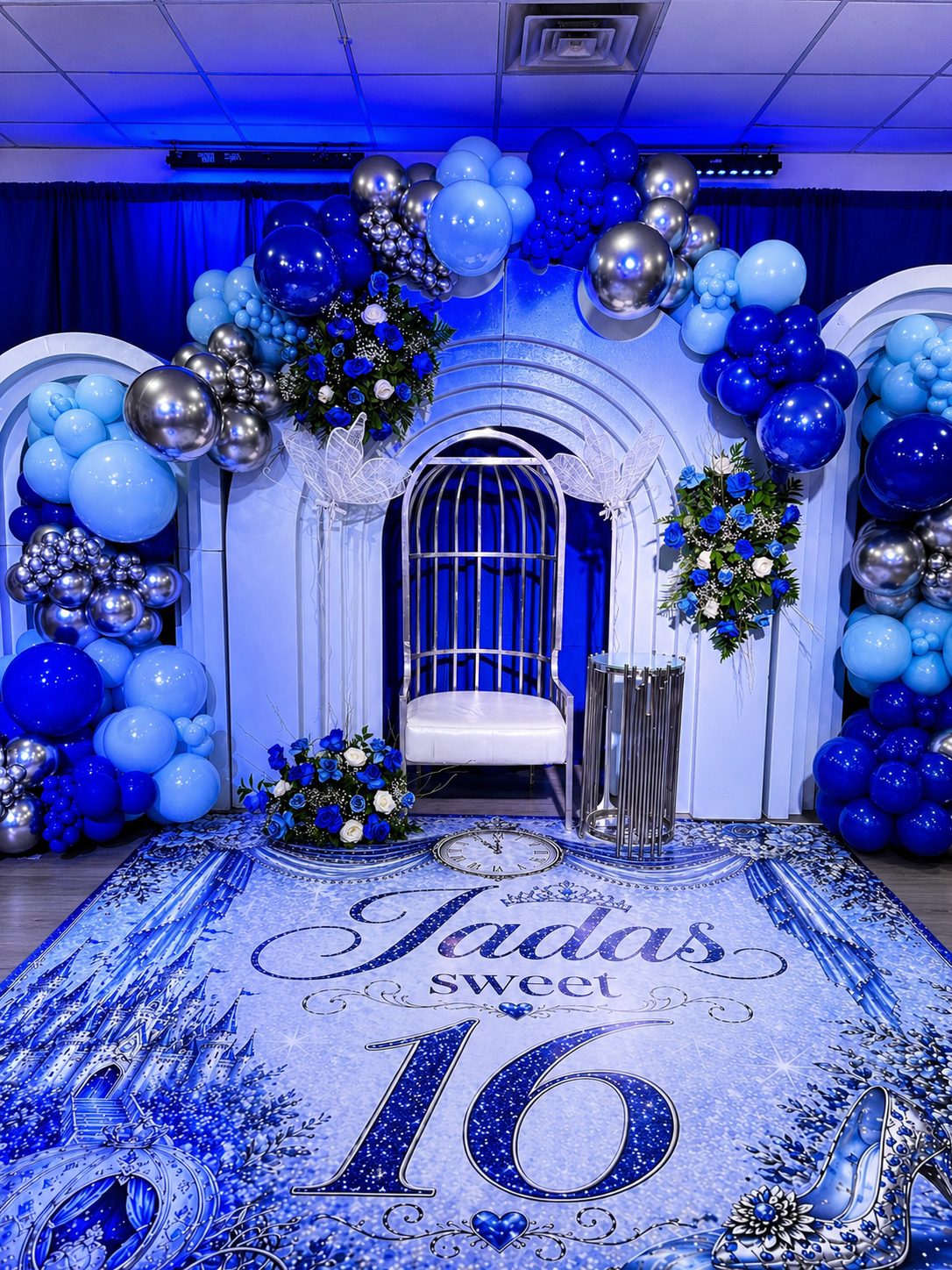 Blue and silver Cinderella sweet 16 stage setup at Regency Party Hall