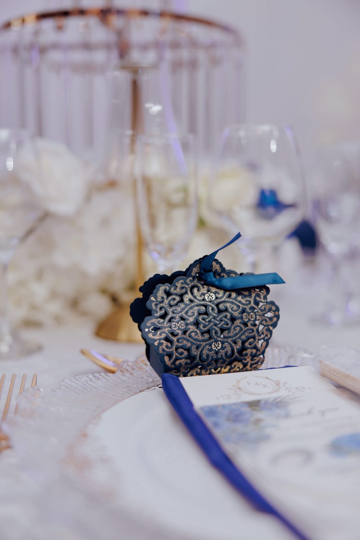Intricate navy and gold wedding favor box detail